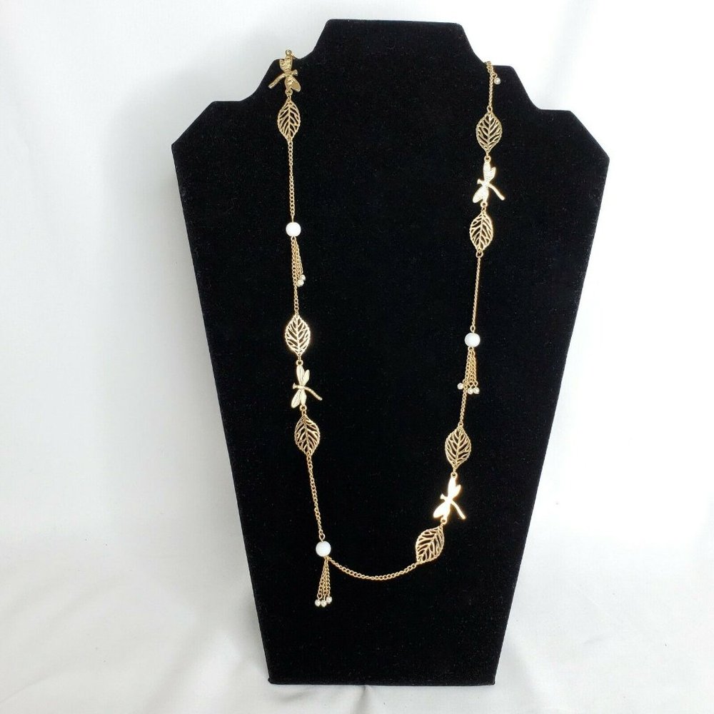 Faux Pearl, Dragonfly & Leaves Gold Single Strand